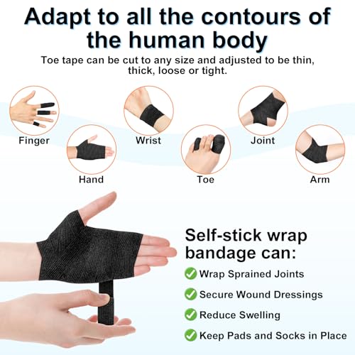 10 Rolls Self-Adhesive Bandages Wraps, Toe Caps & Toe Covers Bandages Set for Sports, Wrist, Ankle, Toes Fingers Protector (Black) - color: Black