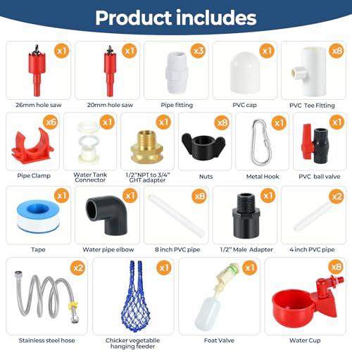 57 Pcs Automatic Chicken Waterer System Set, Chicken Watering System Kit with 8 Chicken Water Cups, Float Valve, Water System for Chickens Ducks Quail Poultry