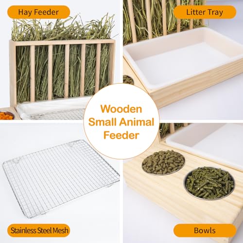 BESNEW 3 in 1 Rabbit Hay Feeder with Litter Box,Upgraded Wooden Hay Feeder Set for Guinea Pig Chinchilla Bunny Other Small Animals,Quick Cleaning & Large Capacity & Preventing Waste - color: Natural 2, size: 15.7in Style2