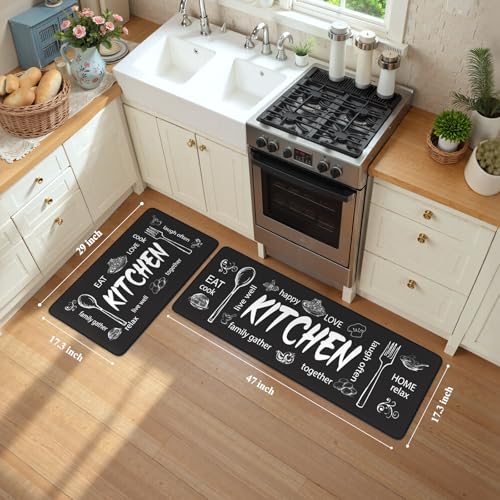 KIMODE Kitchen Mats 2PCS,Cushioned Anti Fatigue Farmhouse Kitchen Rugs Mats | Non Slip Waterproof Kitchen Mats for Floor,Comfort Foam Standing Desk Mat for Home,Kitchen,Sink,Laundry,Dormitory Black - color: Kitchen/Black, size: 17.3" x 47"+17.3" x 29"--0.