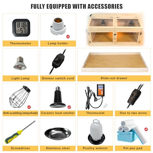 Intelligent Chicken Brooder Box for Chick with Smart Thermostat 32" Wide | Large Wooden Chick Brooder Box with Heating Lamps, Sliding Drawers & Door Handle for Hamster Chicks Duck Indoor Outdoor