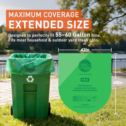 55-60 Gallon Compostable Trash Bags Liners, Heavy Duty Extra Thick 1.57 Mil, 208.2 Liter, 15 Bags, Lawn, Yard, and Restaurant Use, ASTM D6400, US BPI, OK Compost Home Certified - color: 55G-15count