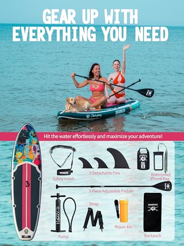 10’6’’ Inflatable Stand Up Paddle Board (SUP) for Adults and Youth with Non-Slip Deck – Complete Accessories Kit, for Fishing, Yoga, Fitness & Family Fun - color: Paintide