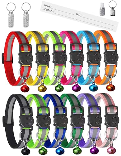 Extodry 14 Pack Set Kitten Collars Breakaway with Bells,Reflective Safety Cat Collar,Ideal for Puppy, Girl Boy Cats,with Name Tag,Adjustable for Small Animal,Pet Supplies(12 Colors & 2 ID Tags) - size: Kitten 6''-9'' (with 2 ID Tags)