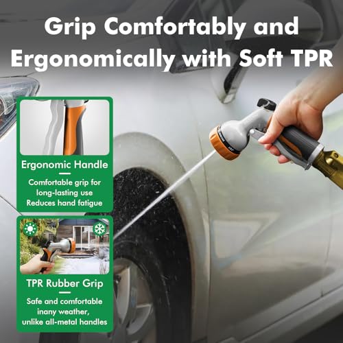 RESTMO Garden Hose Nozzle, Heavy Duty Metal Water Hose Nozzle with 7 Adjustable Spray Patterns, High Pressure Hand Sprayer with Flow Control, Best for Watering Plant & Lawn, Washing Car & Pet, Orange - color: Orange