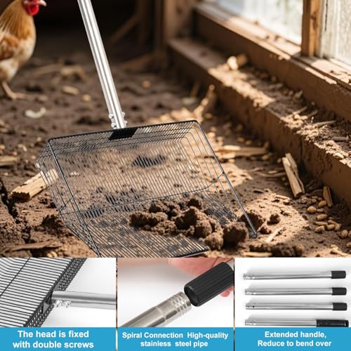 15" Large Chicken Coop Scooper for Sand - Heavy Duty Stainless Steel Poop Scooper with 38-64" Telescoping Handle - Adjustable Poultry Manure Rake & Sifter Shovel for Easy Cleaning