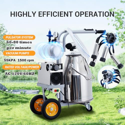 Cow Milking Machine, 55KPA 15000 RPM Milking Equipment with 25L Stainless Steel Bucket Portable Cow Milking Machine, Milker Machine 5-8 Cows per Hour, Bucket Milker for Cattle and Goat