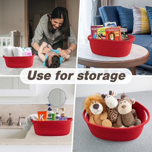 Pro Goleem Small Woven Basket with Gift Bags and Ribbons Durable Baskets for Gifts Empty Small Rope Basket for Storage 12"X 8" X 5" Baby Toy Basket with Handles, Red - color: red