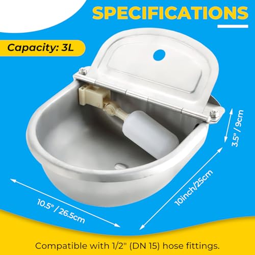NATGAI Automatic 304 Stainless Steel Waterer Bowl with Drainage Hole | Automatic Cow Drinking Water Bowl with Float Valve Water Trough Farm Grade for Horse Cattle Goat Sheep Dog
