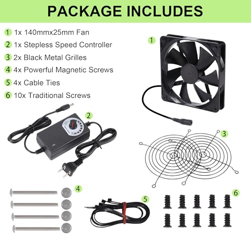 140mmx25mm Magnetic Kits Computer PC Vent Cooling Fan with Speed Controller | Premium 5.51inch Multi-Fan Cooling Fan Set with Magnetic Screws Kits for PC Computer Server Mining Rig Cabinet Chicken Coop