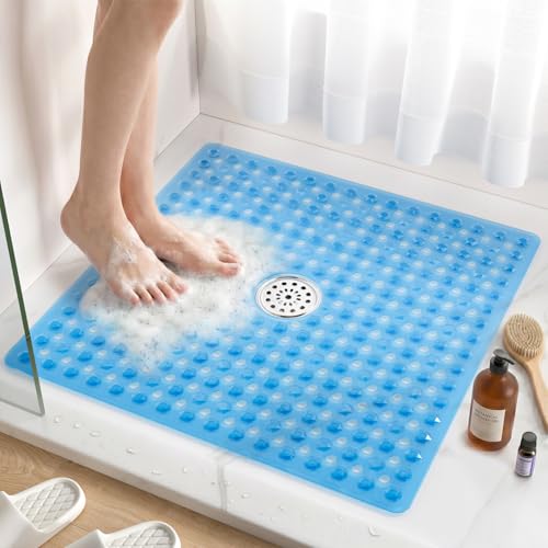 HITSLAM Non Slip Shower Mat, Square Bathtub Mat, 24x24 Inch, Blue | Diamond Textured PVC Bath Mat With Suction Cups, Shower Stall Mat with Center Drain Hole, Strong Grip, Machine Washable - color: Blue