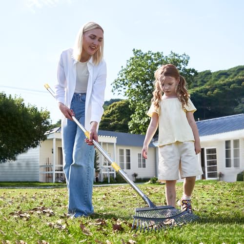 Yocada 19.3" Garden Leaf Rake Wide Heavy Duty (25 Tines) 68.9" | Adjustable Long Handle Garden Rake for Yard Garden Lawn Leaves