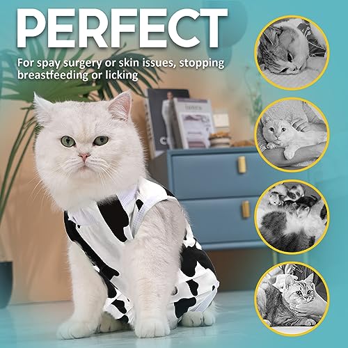 Avont Cat Recovery Suit - Kitten Onesie for Cats After Surgery | Stop Licking, Protects Stitches, L: Neck 10.2"-12.6"/Chest 17"-18.5"/Back 13.5", Soft & Breathable, Hook & Loop, Cow - color: Cow, size: Large
