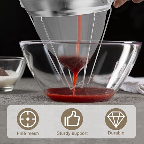 10" Chinois Strainer,18/8 Stainless Steel Conical Fine Mesh Bouillon Sieve | Heavy Duty China Cap Strainers with Stand for Sauces Soups Broth Purees Jam