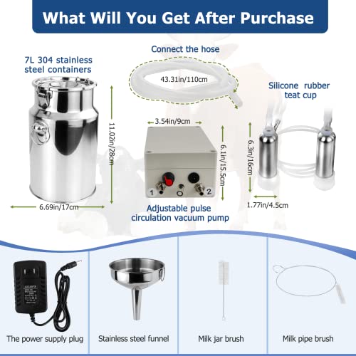 2026 Upgrade 7L Cow Milking Machine, Continuously Adjustable Suction Pulsation Vacuum Electric Milker, Portable Livstock Milking Machine with Stainless Bucket(US Plug)(7L Cow) - size: 7L Adjustable Cow Milking Machine