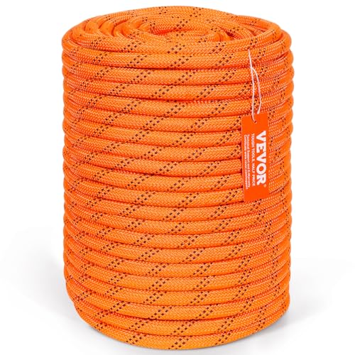 VEVOR Double Braided Polyester Rope, 1/2 in x 220 ft, 48 Strands, 8000 LBS Breaking Strength Outdoor Climbing Rope, Arborist Rigging Rope for Rock Hiking Camping Swing Rappelling Rescue, Orange/Black - size: 1/2 Inch x 220 FT, style: Polyester