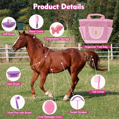 Horse Grooming Brush Kit, 9Pcs Horse-Brush Set with Organizer Tote Bag, Shower Brushes, Braiding Comb, Sweat Scraper, Hoof Pick, Shedding Massaging Tool Supplies for Riders Beginners, Pink - size: 9 Count (Pack of 1)