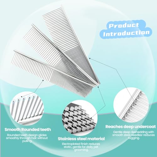 MEDUWEDU [3 Pack] Stainless Steel Pet Comb Set – Grooming Combs for Dogs & Cats, Large Medium Small Sizes – for Long, Short, Curly Hair, Detangling Matted or Knotted Undercoat Hair