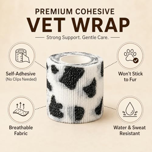 Premium Pet Vet Wrap — Non-Stick to Fur Self Adherent Bandage Wrap for Dogs, Cats & Horses, Breathable Cohesive Tape for Wounds, Paws & Legs, Animal Print Design - Pack of 2 - color: Cow Print