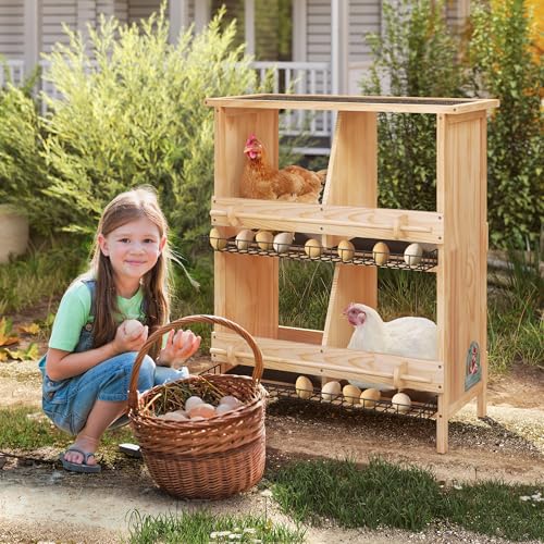 COZIWOW Nesting Boxes for Chickens 2-Tire,Roll-Away Egg Collection-with Wire Mesh and Insulation Pads, Waterproof Wooden Chicken Nesting Boxes with Perches for Hens,Ducks,Poultry,Birds,Doves