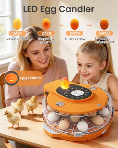 15 Egg Incubator with Side Water Refill, Auto Humidity Control, Automatic Egg Turner, Adjustable Temperature, Egg Candler, 2 Trays for Chicken, Duck, Quail & Goose Eggs