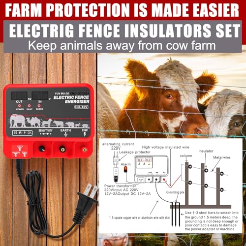 15.5J Electric Fence Charger Kit, 30 Mile 110VAC Plug-in Fence Charger with 50 Black Insulators, Socket Tool, 250 ft Aluminum Wire for Farm Fencing, Pasture Boundary Setup