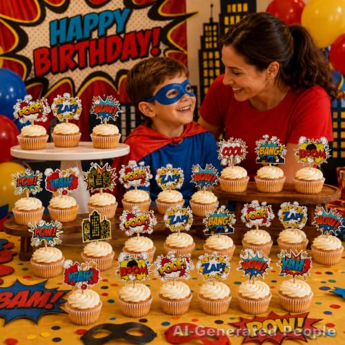 36 PCS Hero Cupcake Toppers | Hero Decorations Smash Crash Pow Picks for Hero Theme Birthday Party Cake Decor Supplies
