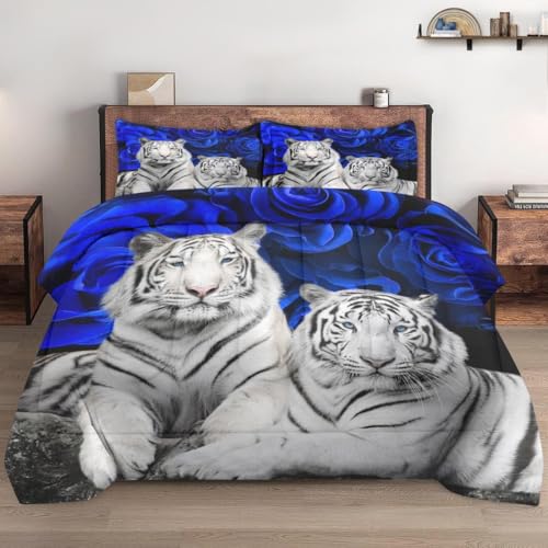 WeCozy Full Comforter Set, 3 Pieces White Tiger Bedding, All Season | Animal Cat Blue Rose Flower Background Soft Comforter with 2 Pillowcases for Kids and Adults Room Bedroom Bed Decor - color: Multi 9, size: Full