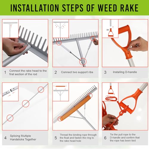 Floating Weed Lake Rake, 36 Inch Widths Pond Rake Aquatic Weed Rake, 133 Inch Extensible Multifunctional Folding Weeding Rakes, Aluminum Landscape Rakes with 49.2 FT Rope - style: 36 Inch Landscape Rake Set
