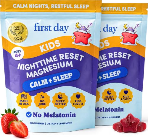 FIRST DAY Magnesium for Kids Gummies – Calm Kids Magnesium Citrate Gummies to Support Sleep & Relaxation – Bedtime Supplement with Suntheanine® L-Theanine, NO Melatonin - Strawberry - 30-Day Supply - size: 120 Count (Pack of 2)