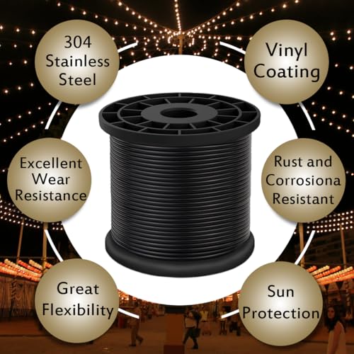 Vinyl Coated Wire Rope 304 Stainless Steel Coated Wire Cable-Black, 1/16" OD to 3/32" x 328FT, with 150 Pcs Crimping Sleeves-Cable for String Lights, Suitable for Clotheslines - size: 328FT