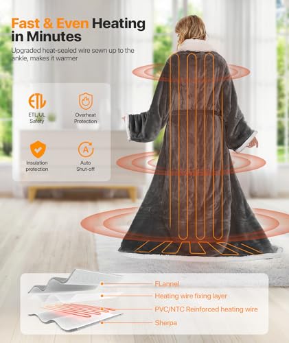 SIHOHAN Portable Heated Blanket with Foot Pockets for Wearable | Heated Throw Blanket, Flannel & Sherpa, 8 Heat Levels & Timer, 50x70 Inch Grey Home Office Travel, Machine Washable - size: 50*60 Grayish White