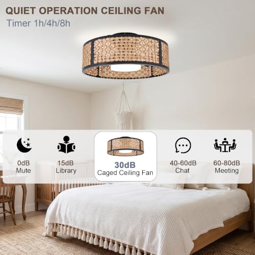 20" Boho Caged Ceiling Fan with LED Light and Remote Flush Mount | Woven Rattan Fandelier Low Profile Small Chandelier for Bedroom Kitchen Living Room 3CCT Dimmable Reversible DC Motor 6 Speed