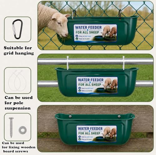 2 Pack Hanging Goat Feeder and Water Trough, Fence Mounted Feeder for Goats, Sheep and Lambs, Lamb Feeder, Large Capacity Livestock Feeding Container, Easy Install Farm Feeder