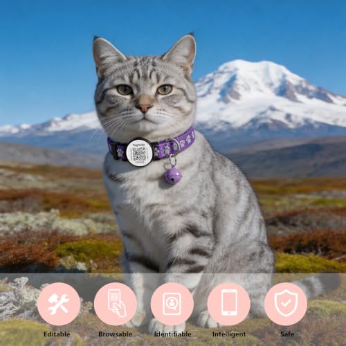 Smart QR Code Cat Collar 2-Pack: Your Cat's Digital Safety Profile, Breakaway Reflective Collar with Instant Email Alert When Scanned (Pink & Purple A) - color: Paw pattern - Pink & Purple