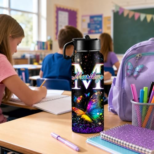 Personalized Butterfly Water Bottle for Girls with Name | 18oz, Stainless Steel, With Straw, Back to School Birthday Gift - color: Color 10