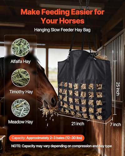 VEVOR Hay Bag for Horses, 21.65 x 7.28 x 25.2 in, 1.81 x 1.81 in Holes, Premium Nylon Construction with PVC Waterproof Coating, Adjustable Hanging Straps and Metal Hooks, Slow Feed Hay Bag for Horses - size: 21.65 x 7.28 x 25.2 in