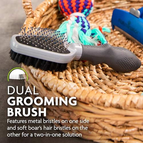 FURminator Dual Grooming Brush for Dogs & Cats | Metal Bristles Detangle & Massage, Boar'S Hair Smooths & Shines, Ergonomic Handle For Comfort