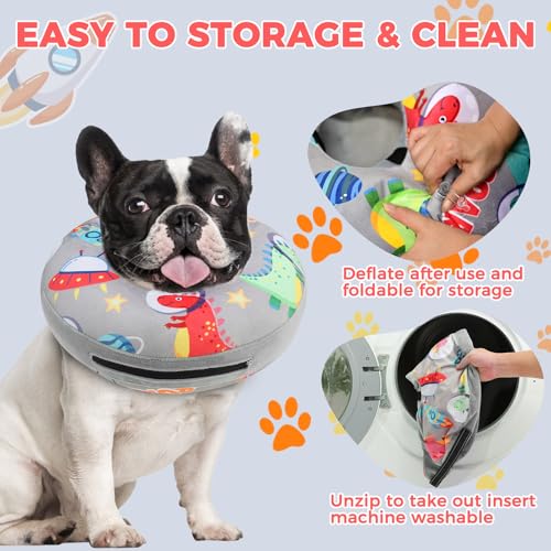 PAWCHIE Inflatable Dog Cone Collar Alternative, Soft Dog Cone for Medium to Large Dogs After Surgery, Adjustable Neck Recovery E-Collars Donut Collar with Cute Dinosaur Prints, Grey XL - color: Grey, size: XL(Neck:18"-21")