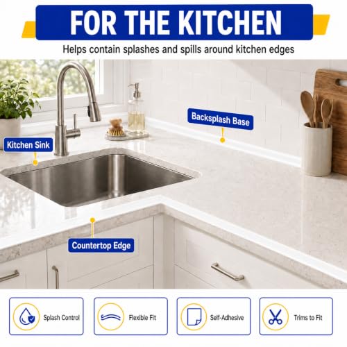 Kitchen Sink Splash Guard and Bathtub Water Barrier, 39 in, Black | Flexible self-adhesive water dam, splash guard for bathtub, cooktop and shower threshold, trims to fit smooth surfaces - color: Black, style: 39Inch