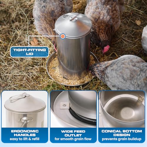 Plexon 8.8 Lb Hanging Chicken Feeder Metal Chicken Feeder with Handle no Waste Food - Stainless Steel - Turkey Duck Poultry Feeder - Heavy Duty Feeding Equipment - Backyard Coop - Large - size: 8.8 LB