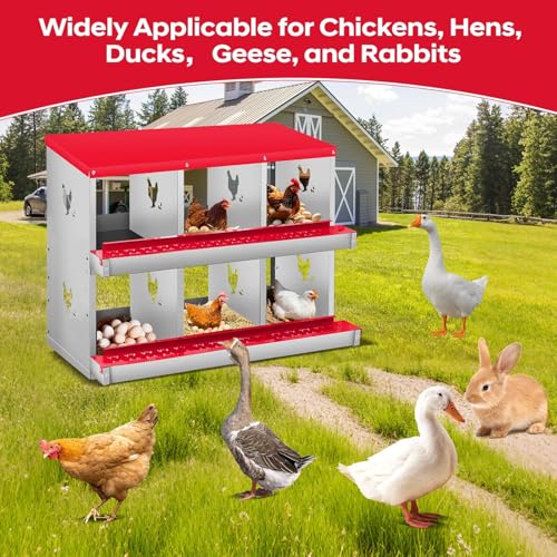 3-Compartment Chicken Nesting Box, Heavy Duty Galvanized Steel Poultry Nest Box, Wall Mount/Freestanding Design for Hens, Ducks, Backyard Homesteads & Farm Use, Red, 10 Mats &4 Eggs, No Stand - color: Red, size: 3 Room&Mat eggs