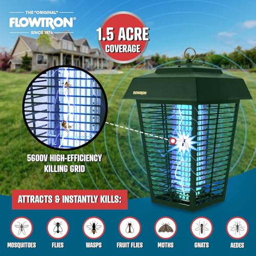 Flowtron Bug Zapper, 1.5 Acre Outdoor, Two 40W UV Bulb, 5600V Grid, Green | Protects yards and wooded areas - octenol lure attracts and helps eliminate mosquitoes, flies, and gnats - ETL certified - color: Green