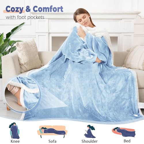 Wearable Heated Blanket with Foot Pocket, Electric Wearable Throw Blanket with Sleeves, Hood, Portable Heated Blanket with 8 Heat Settings, 1-10 Hours Auto Shut-off, Gift for Family, Friends, 50*70" - color: Light Blue