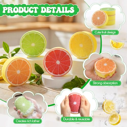 12 Pcs Lemon Printed Sponges Bulk Fruit Slices Dish Cleaning Sponges Household Non Scratch Reusable Absorbing Cleaning Scrub Tools for Washing Dishes, Cookware, Tubs, Sinks