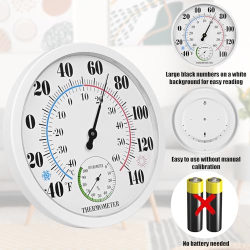 10 Inch Indoor Outdoor Thermometer Hygrometer Combo | Large Dial Analog Temperature Humidity Gauge, Wall Mount Weather Thermometer for Home Patio Greenhouse Garage Room