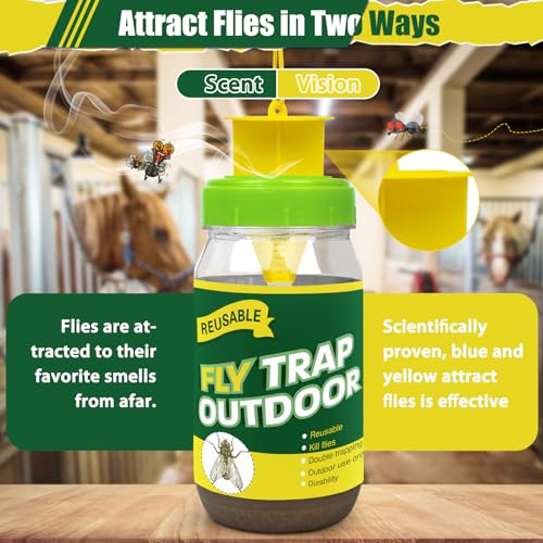 4 Fly Traps Outdoor for Patio with 4 Bait, Reusable Bug Catcher Bottle Jar | Flies Bug Insect Trap Control Outdoor Hanging for Outside Barns, Stable, Farm, Patio, with Natural Bait Refills Lure