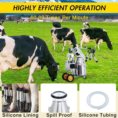 Cow Milking Machine Portable, 55KPA 15000 RPM Electric Milker Machine | Milking Equipment with 25 L/6.6 gal Stainless Steel Bucket 5-8 Cows Per Hour with Silicone Cups and Tubes for Cows and Goats