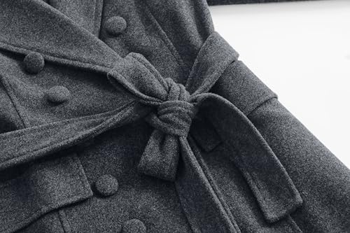 Women Long Winter Wool Pea Coat Lapel Double Breasted Trench Over Coat with Belt - color: Grey, size: XX-Large