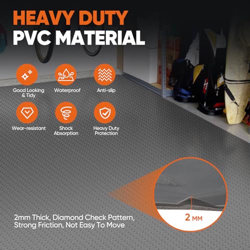 Garage Floor Mat, 7.5x17 FT Rubber Flooring Roll, Non-Slip Shop Flooring | PVC Garage Floor Covering, 2.0mm Thickened Diamond Plate Rubber Mat, Waterproof Garage Floor Mats for Under Car, Golf Cart